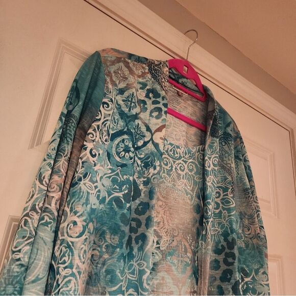 JM Collection teal and white rhinestone detail cardigan/long sleeve blouse 2X - Picture 2 of 5